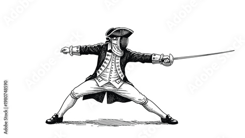 Classic ink drawing of a male fencer in 18th century historical clothing lunging forward with an elegant thin rapier sword.