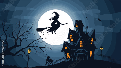 Spooky silhouette of a witch flying on a broomstick over a haunted house during a bright full moon on halloween night.
