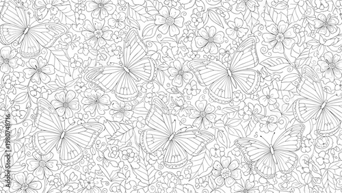 Detailed black and white line art pattern featuring multiple butterflies flying among intricate flowers for coloring.