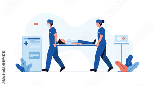 Professional medical team carrying a patient on a stretcher inside a modern hospital corridor for urgent treatment.