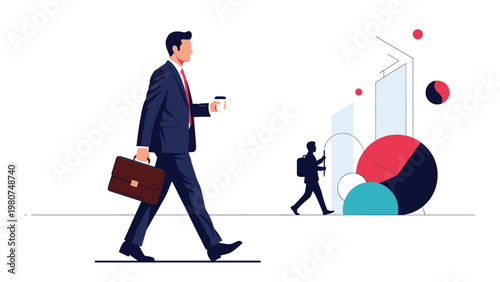 Successful businessman carrying a briefcase and coffee while walking past colorful financial data charts and graphs.