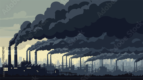 Industrial factory chimneys releasing thick black smoke into the sky causing environmental pollution in a large city.