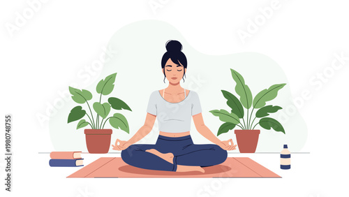 Young woman practicing peaceful meditation and yoga in a lotus position at home surrounded by green potted house plants.