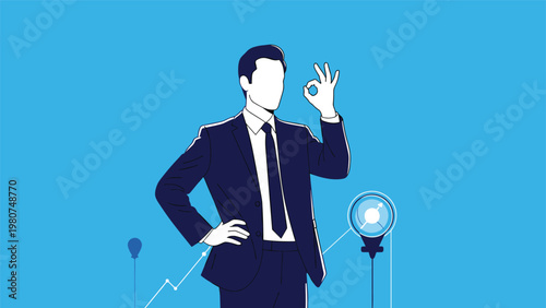 Confident businessman in a formal suit making an okay hand sign while standing against a bright blue background.