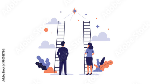 Business people looking up at two tall ladders reaching towards a bright star in the sky for career goals and success.