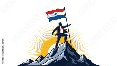 Determined businessman holding a flag on top of a mountain peak during sunrise to symbolize achieving a major goal.