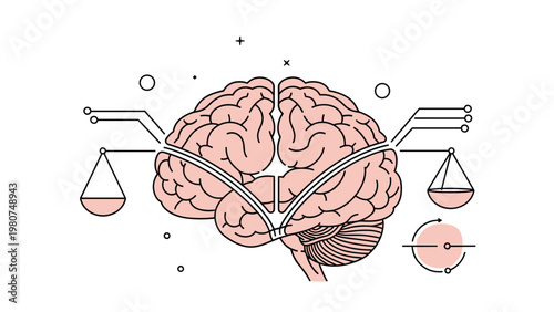 Human brain illustration connected to scales on both sides representing the balance between logic and human emotion.