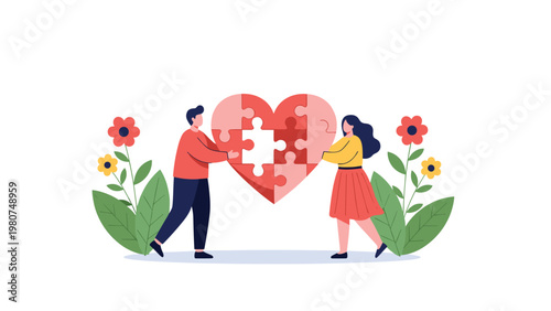 Couple putting together a heart puzzle with pink pieces surrounded by colorful flowers to symbolize love and unity.