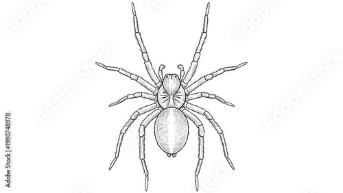 Detailed black and white sketch of a large spider with eight legs shown from a top down view on a white background.