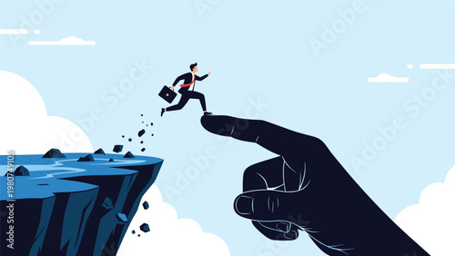 Determined businessman jumping from a rocky cliff toward a giant finger as a metaphor for support, mentorship, and business help.