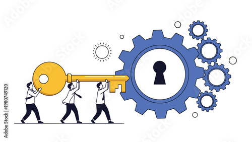 Team of business professionals working together to carry a giant golden key toward a large gear with a keyhole for success.