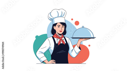 Confident female professional chef wearing a white uniform and hat holding a silver serving tray with a dome cloche cover.