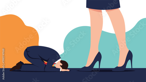 Businessman bowing deeply in apology or submission before the giant legs of a professional woman wearing high heels in an office.