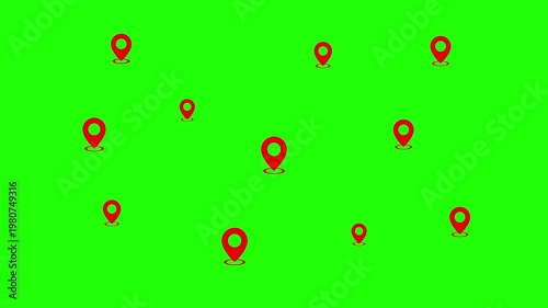 Animated background of many red location markers pulsing on a bright chroma key green screen