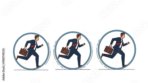 Group of professional businessmen running tirelessly inside giant hamster wheels as a metaphor for a repetitive work routine.