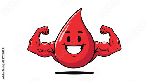 Funny cartoon character of a healthy red blood drop with strong muscular arms flexing muscles on a white background.