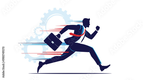 Silhouette of a businessman running at high speed with mechanical gears in the background representing efficiency and work.
