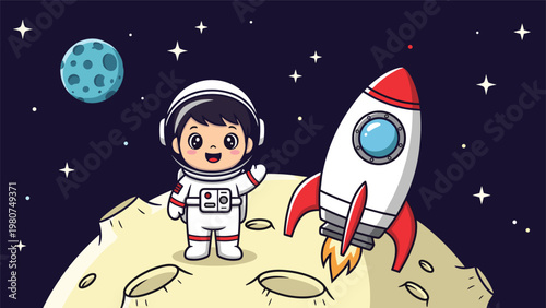 Cute cartoon astronaut child standing on the moon surface next to a space rocket in a starry galaxy background.