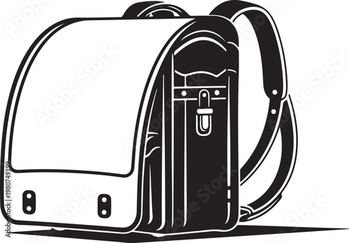 Black and white of a backpack with buckle and straps