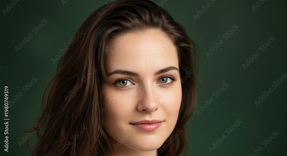 Naklejka premium Close-up portrait of a woman with brown wavy hair, fair skin, and green eyes against a dark green backdrop, representative of natural beauty and skincare