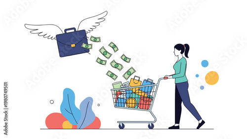 Woman pushing a full shopping cart with grocery bags as money bills fly out of a winged briefcase into the cart.