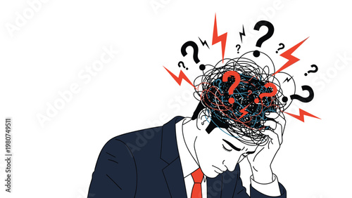 Stressed businessman holding his head in despair with many question marks and lightning bolts representing a mental overload.