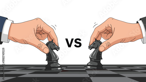 Two hands playing a game of chess moving horse pieces towards each other in a strategic battle.