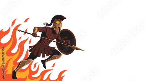 Ancient spartan soldier running bravely through intense orange flames with his spear and shield ready.
