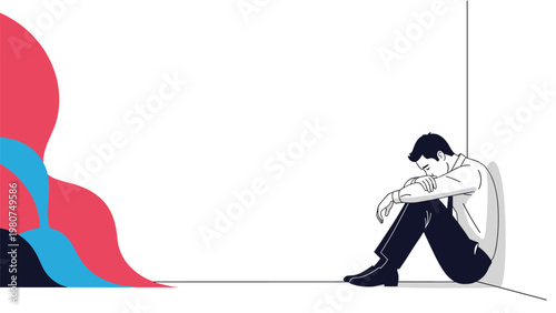 Sad man sitting alone in a corner while colorful abstract waves of emotion flow toward him in a minimalist room.
