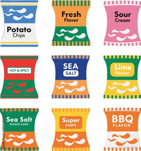 A colorful illustration of various potato chip flavors in different packaging designs