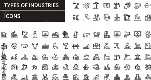 Types of industries outline icons set with factory construction energy agriculture transport mining manufacturing sector vector line collection