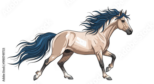 Tan horse with dark blue mane and tail galloping across white background