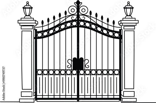 Black and white line of an ornate wrought iron gate with pillars