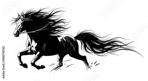 Black horse with flowing mane and tail gallops freely across a white background.