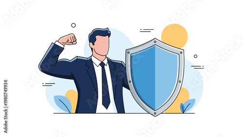 Two businessmen wearing protective face masks having a conversation in a modern stylized illustration.