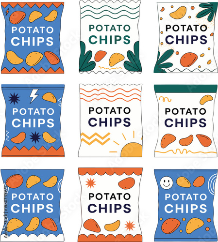 A colorful illustration of various potato chip bags with different designs and patterns