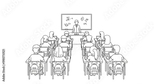 Teacher standing at desk in front of classroom with students sitting at desks line art vector illustration