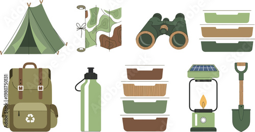 Essential gear for a camping adventure in the wilderness Vector