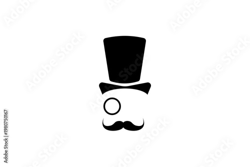 Minimalist black and white icon of top hat and monocle on white background.