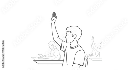 Boy raises hand in classroom with classmates in background education concept line art style