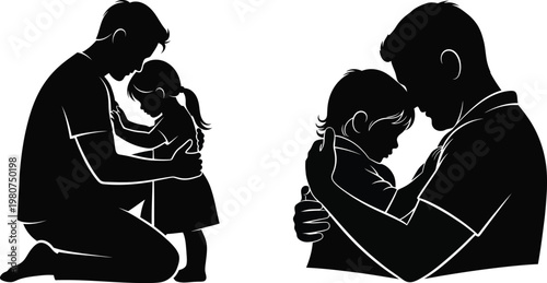 Touching happy father's day vector icon set silhouette of dad hugging child