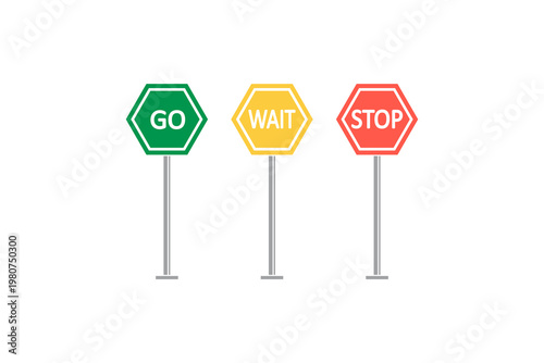 Traffic signs: go, wait, stop in green, yellow, red hexagonal shapes.