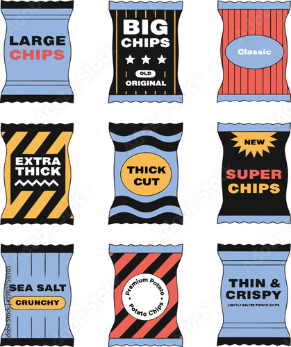 A colorful illustration of various potato chip bags with different labels and designs