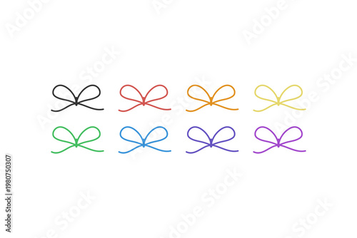 Colorful set of simple bow illustrations in various shades on white background.