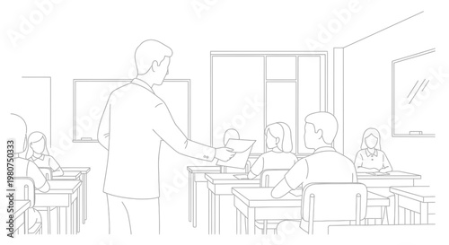 Teacher handing paper to student in classroom setting with desks and blackboards