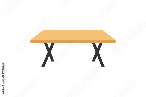 Minimalist wooden table with black x-shaped legs on white background.