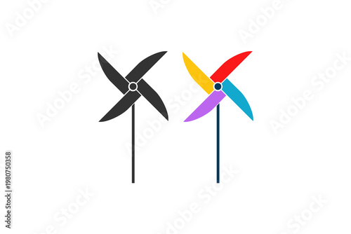 Black and colorful pinwheels on sticks displaying simple design.