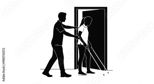 Diverse people, man assisting woman with disability, helping hand, support, accessibility, inclusion, equality, doorway, entrance, care, kindness, compassion, people, adult, disability, accessibility