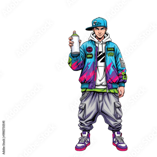 Street Graffiti Artist Spray Paint Can Colorful Bomber Jacket Vector Illustration