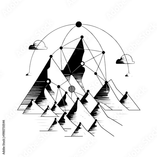 Geometric mountain range network vector illustration black and white line art